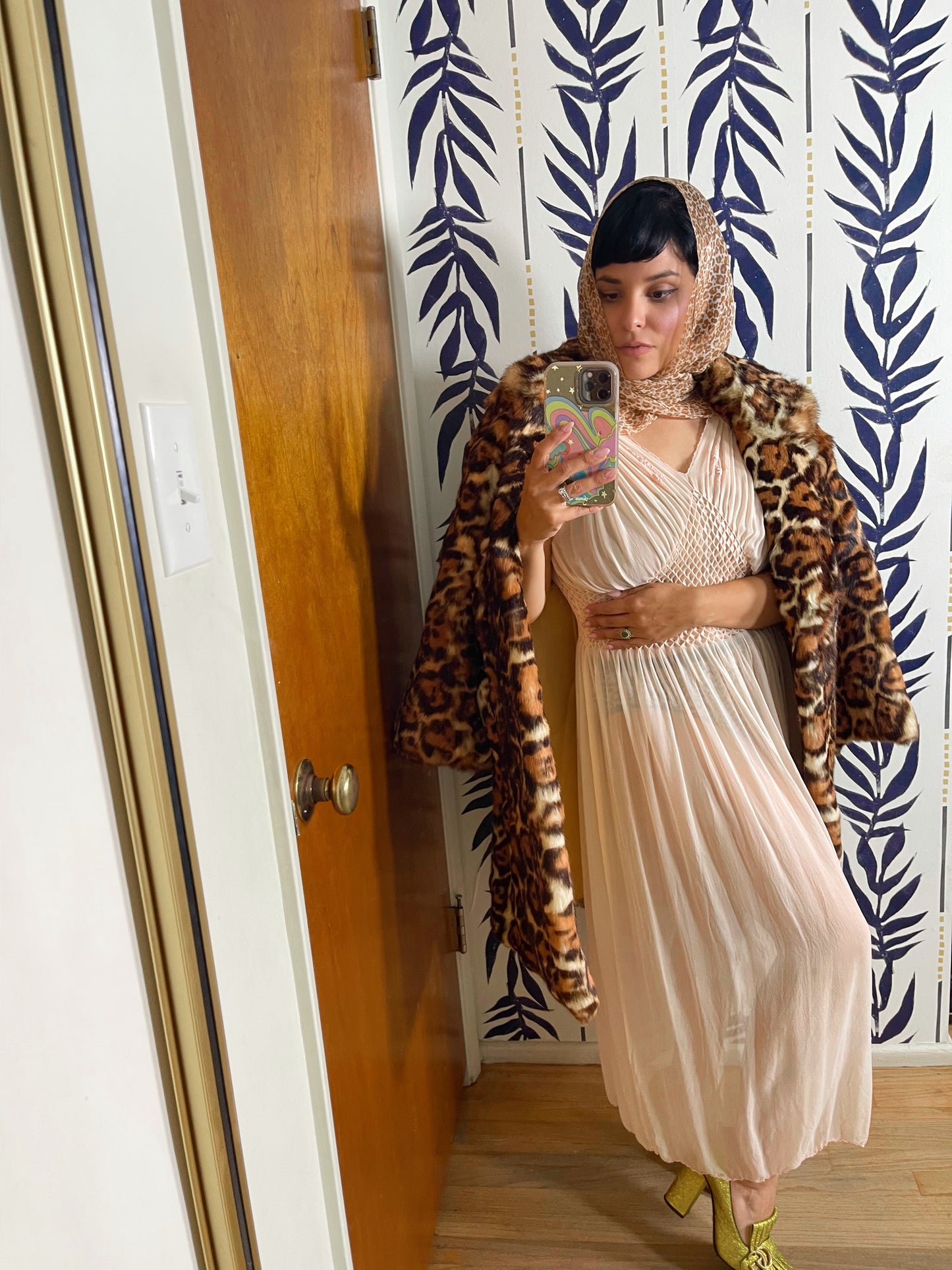 1930s RARE Peach Silk Chiffon Duster Robe & Slip Dress with Diamond Smock Set Fits XS-SM & Possible Size M