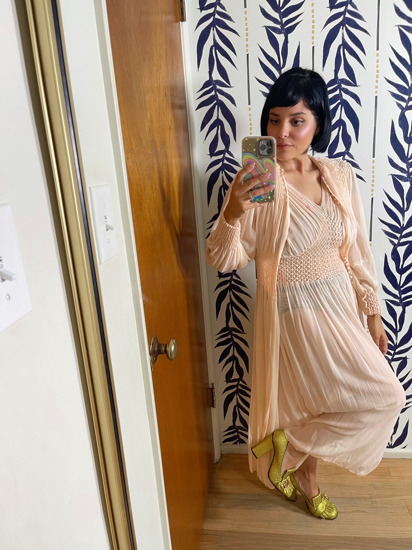 1930s RARE Peach Silk Chiffon Duster Robe & Slip Dress with Diamond Smock Set Fits XS-SM & Possible Size M