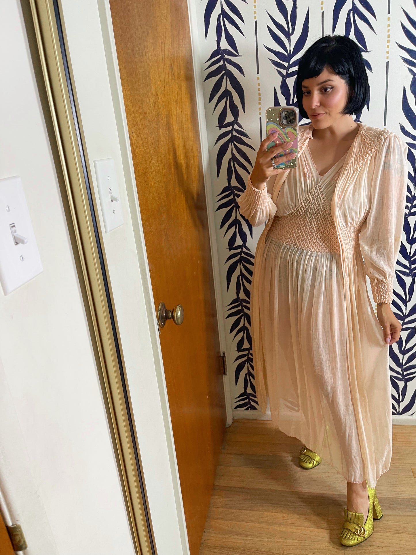 1930s RARE Peach Silk Chiffon Duster Robe & Slip Dress with Diamond Smock Set Fits XS-SM & Possible Size M