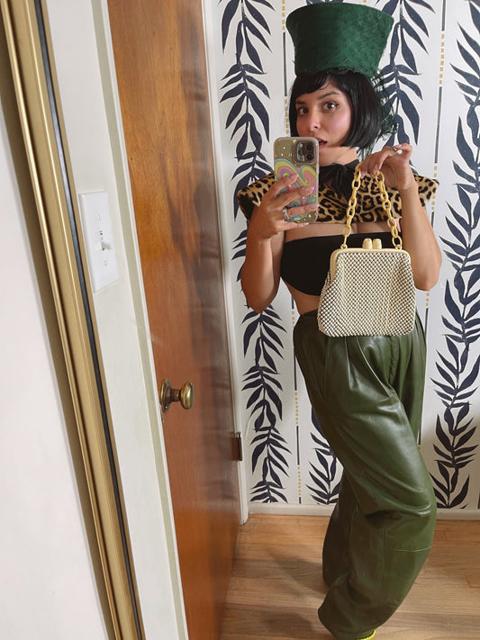 80s Buttery Olive Green Leather High Waisted Trouser Pants Waist 27"-32"