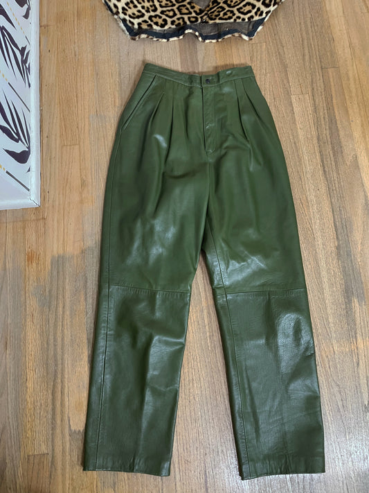 80s Buttery Olive Green Leather High Waisted Trouser Pants Waist 27"-32"