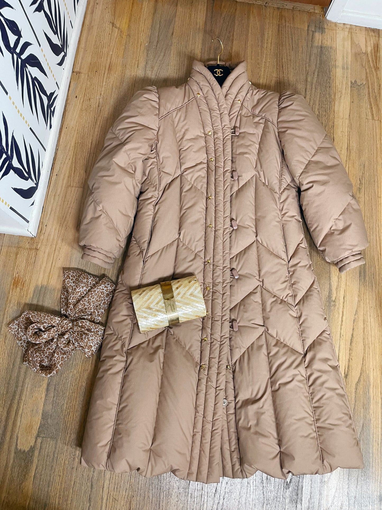 1980s Down  Puffer High Collar Down Quilted Long Coat Gold Studs Accent S-L