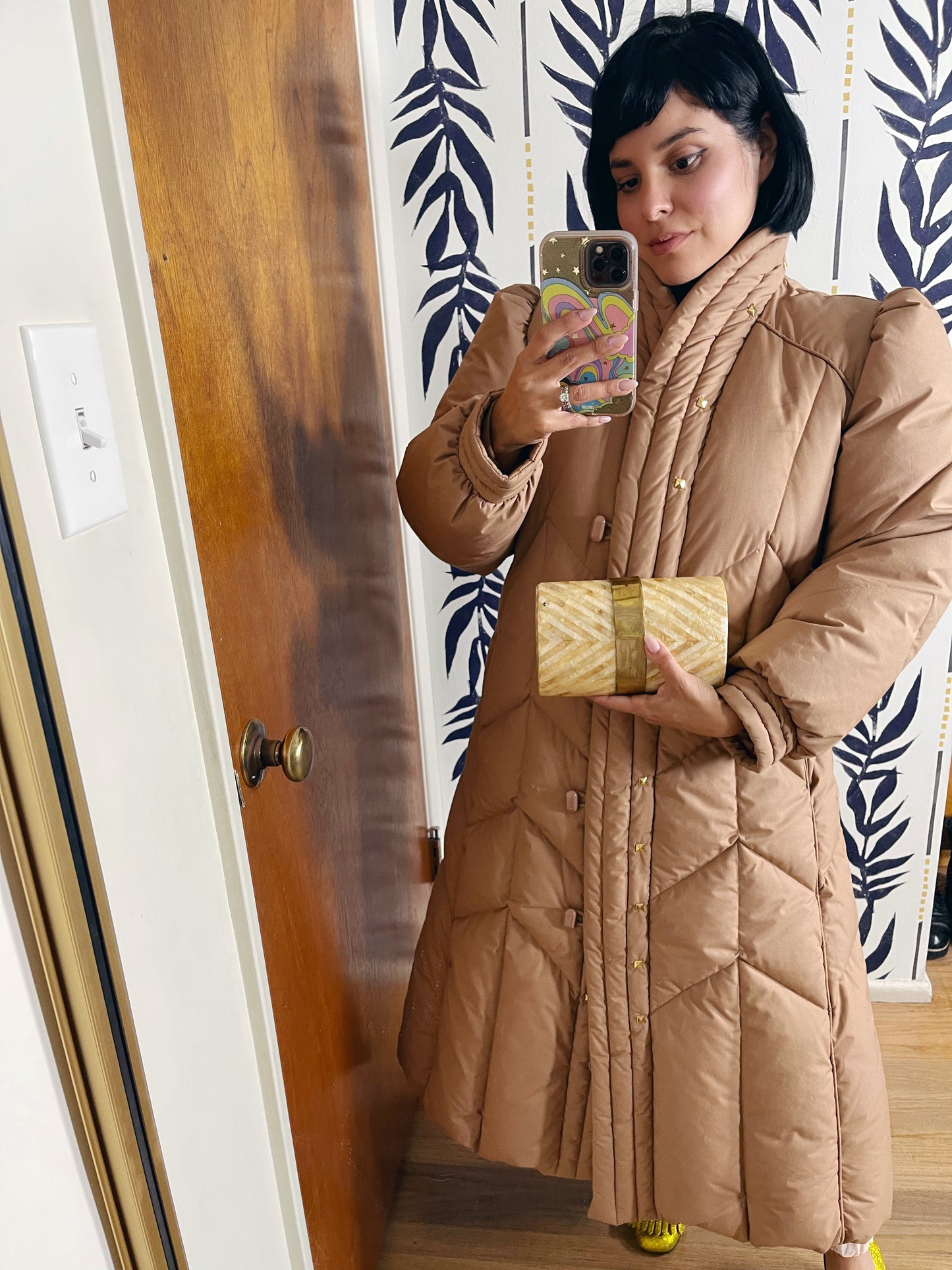 1980s Down  Puffer High Collar Down Quilted Long Coat Gold Studs Accent S-L