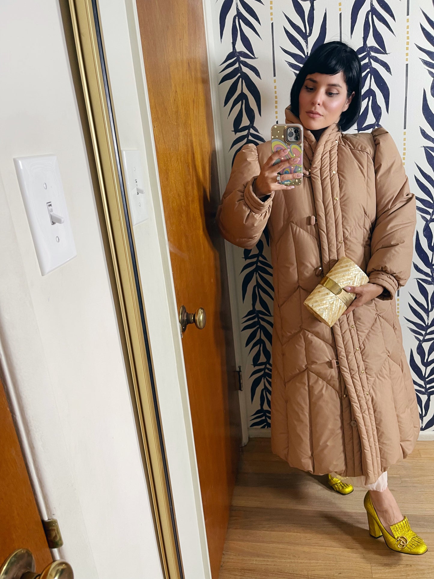 1980s Down  Puffer High Collar Down Quilted Long Coat Gold Studs Accent S-L