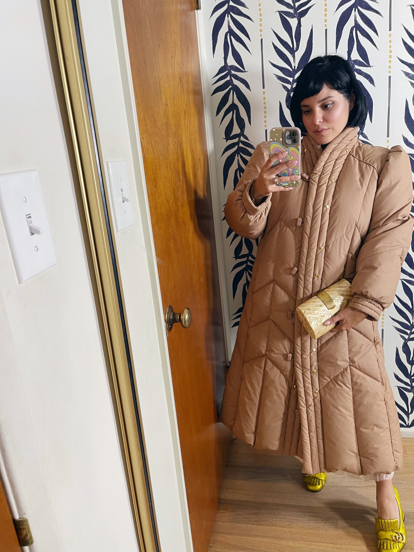 1980s Down  Puffer High Collar Down Quilted Long Coat Gold Studs Accent S-L