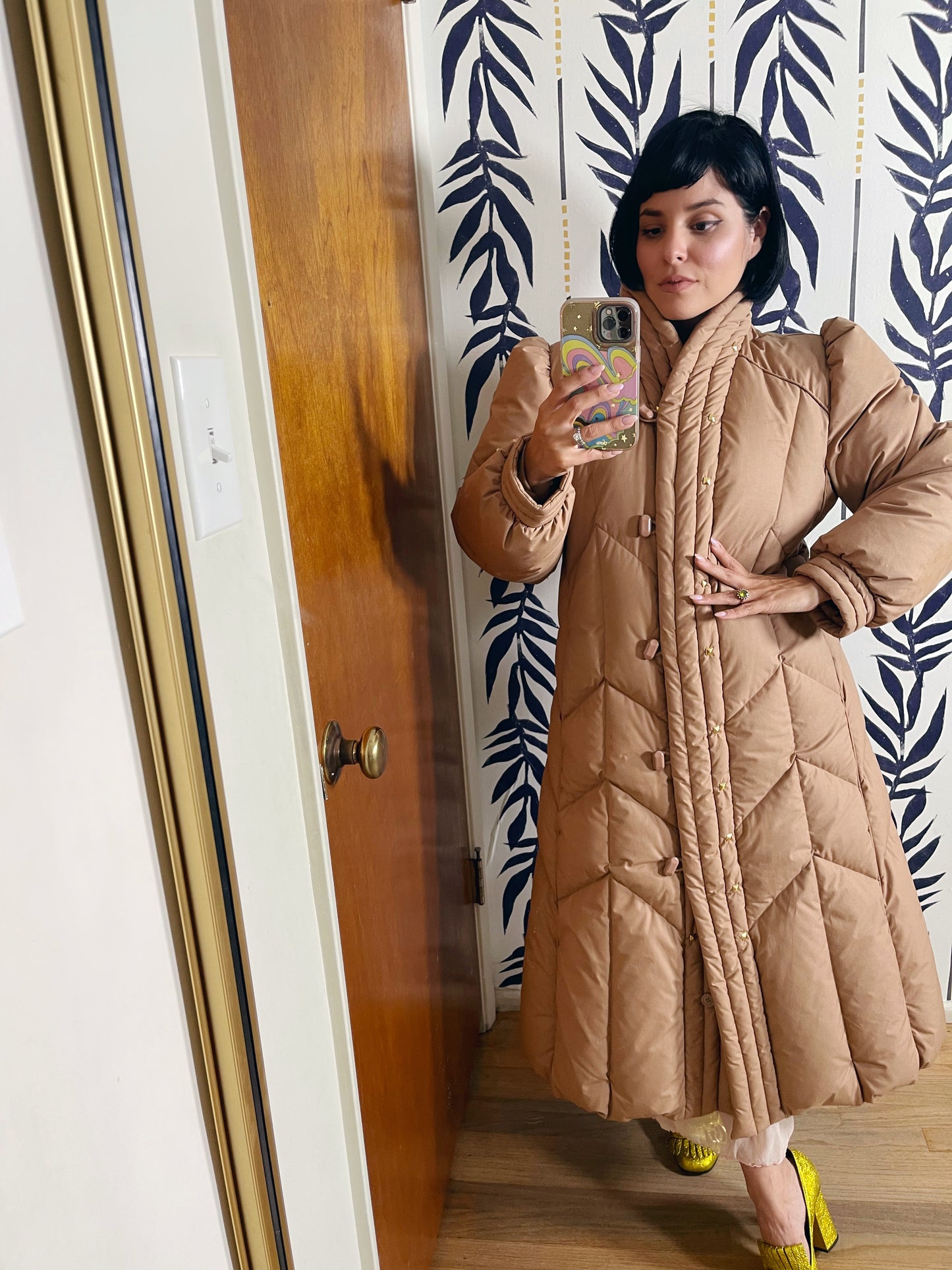 1980s Down  Puffer High Collar Down Quilted Long Coat Gold Studs Accent S-L
