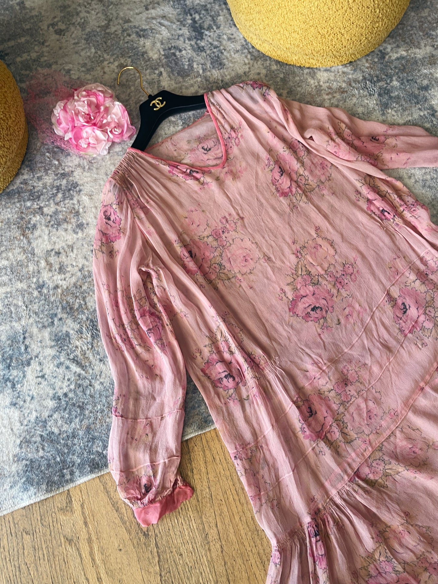 1920s Silk Chiffon Floral Print Dress Fits Most Sizes
