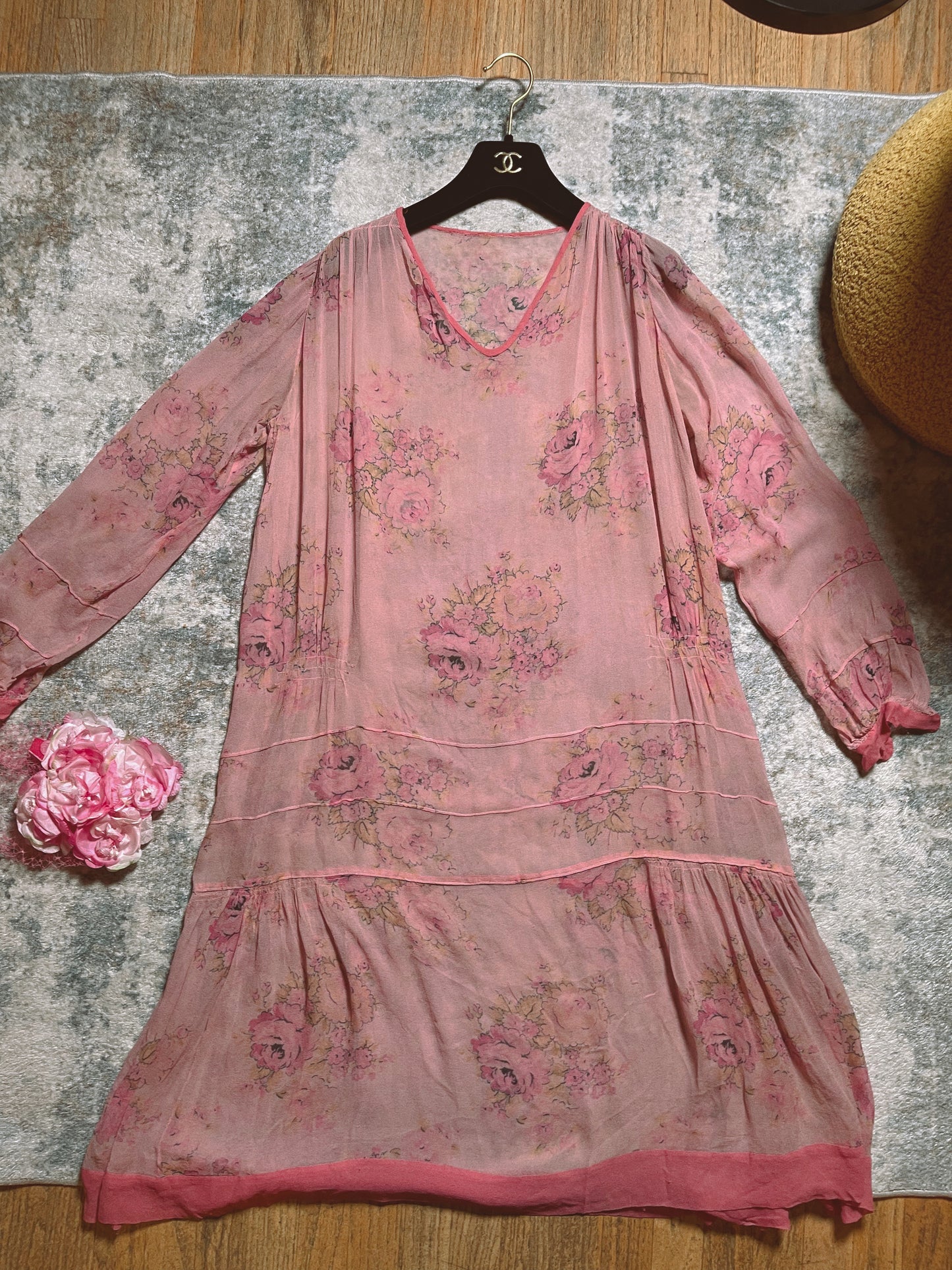 1920s Silk Chiffon Floral Print Dress Fits Most Sizes