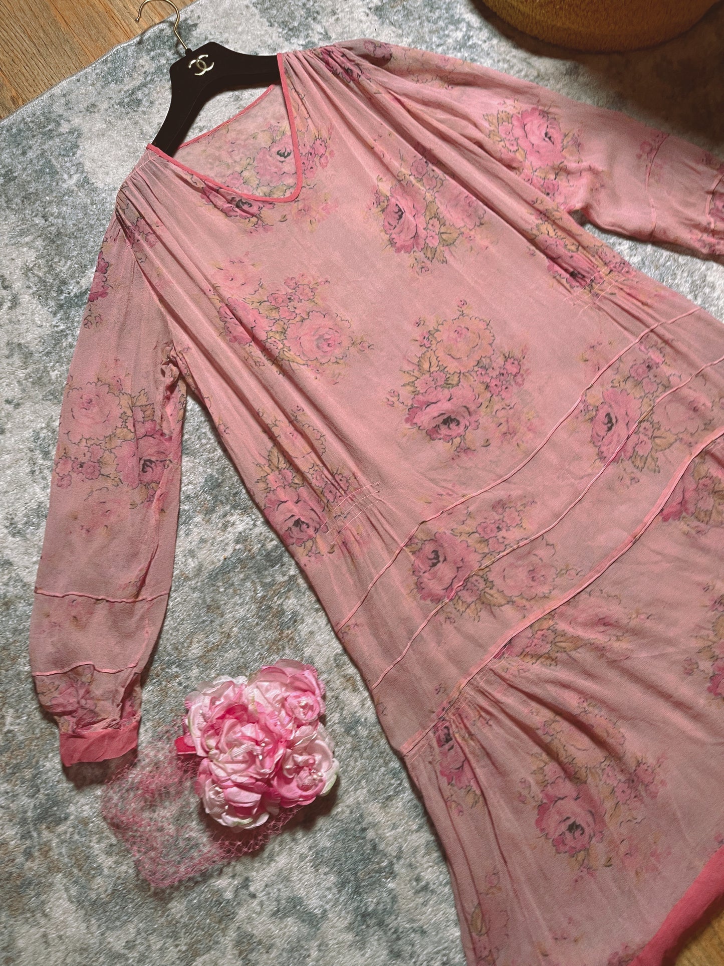 1920s Silk Chiffon Floral Print Dress Fits Most Sizes