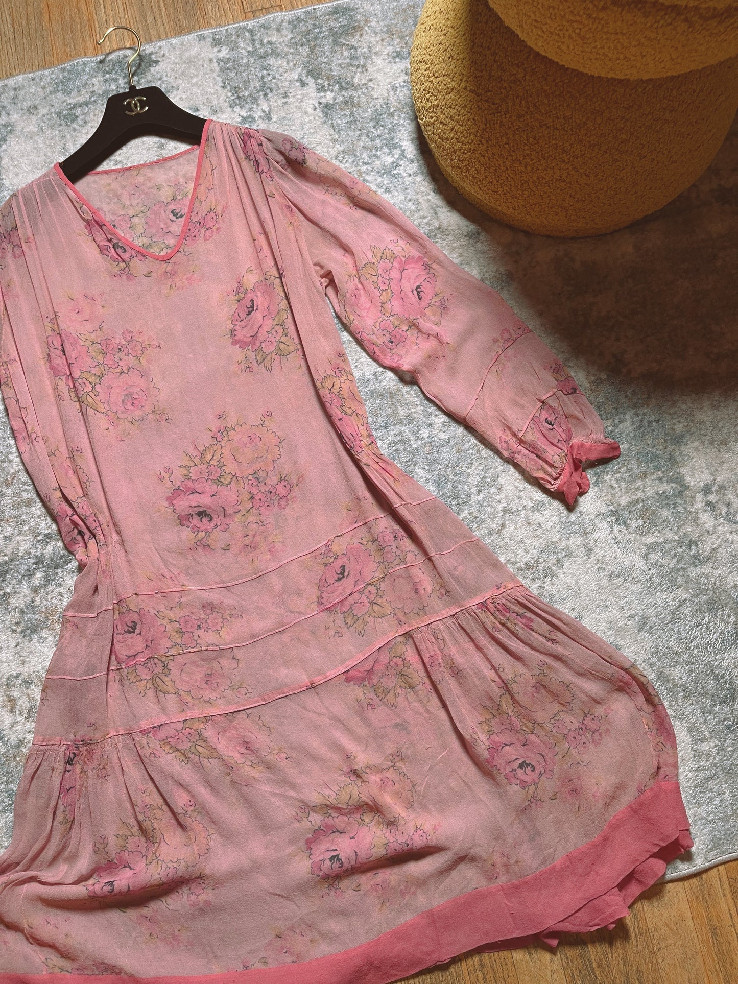 1920s Silk Chiffon Floral Print Dress Fits Most Sizes