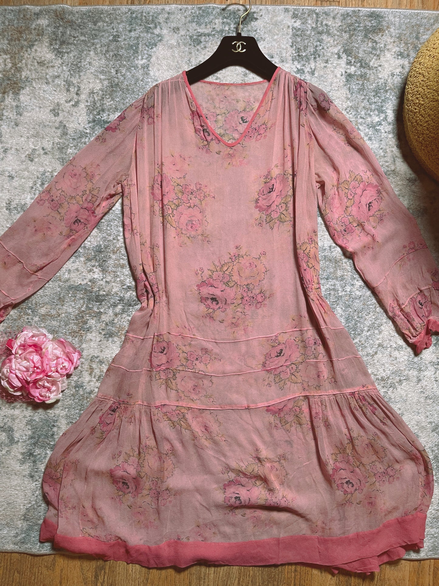 1920s Silk Chiffon Floral Print Dress Fits Most Sizes