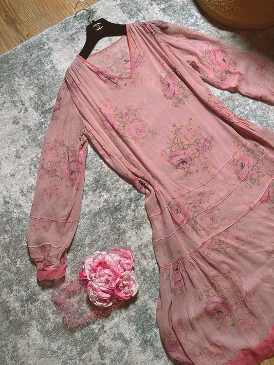1920s Silk Chiffon Floral Print Dress Fits Most Sizes