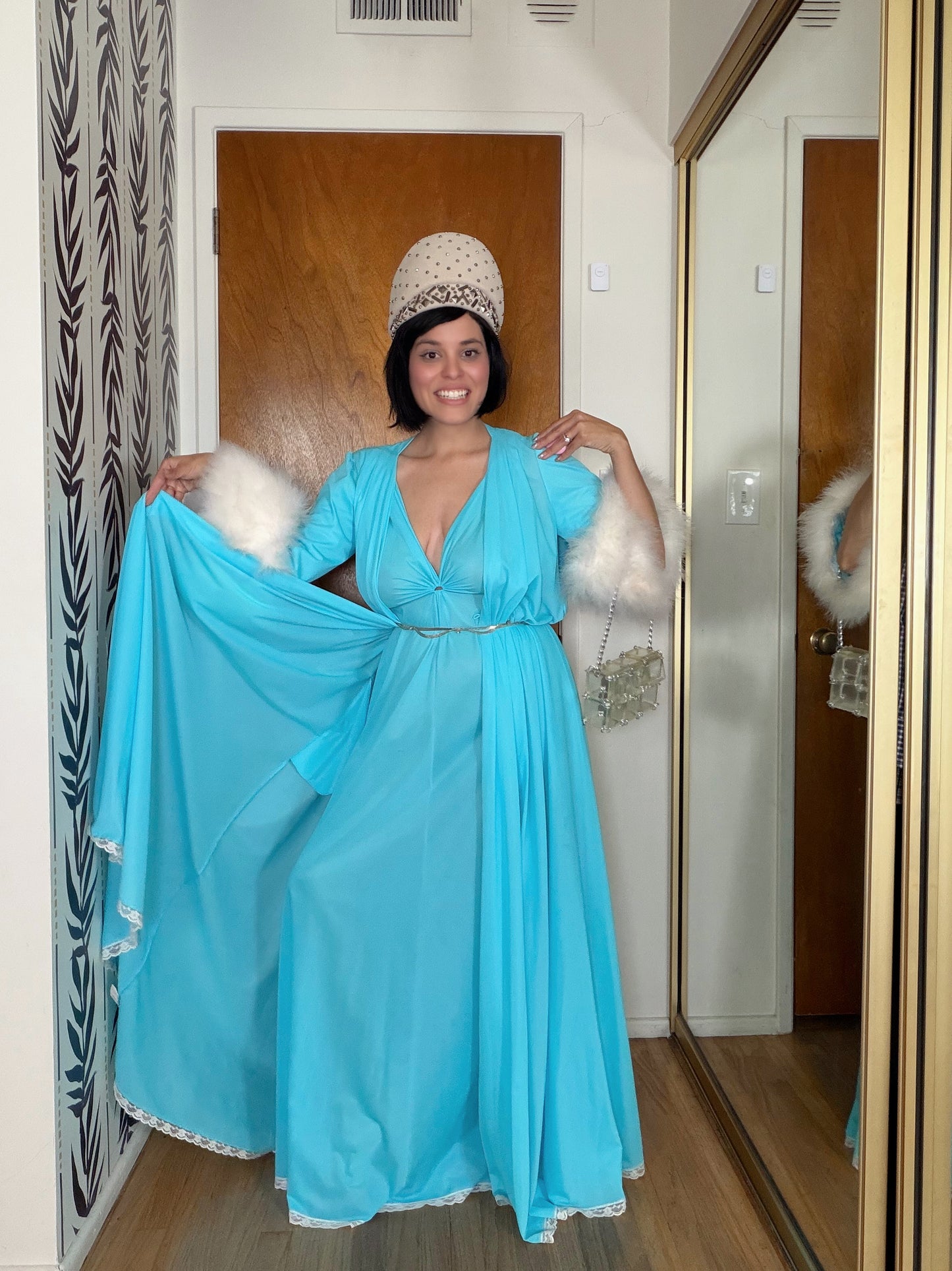 Claire Sanders by Lucie Ann Beverly Hills Blue with Feathers Duster Slip Dress XS-L