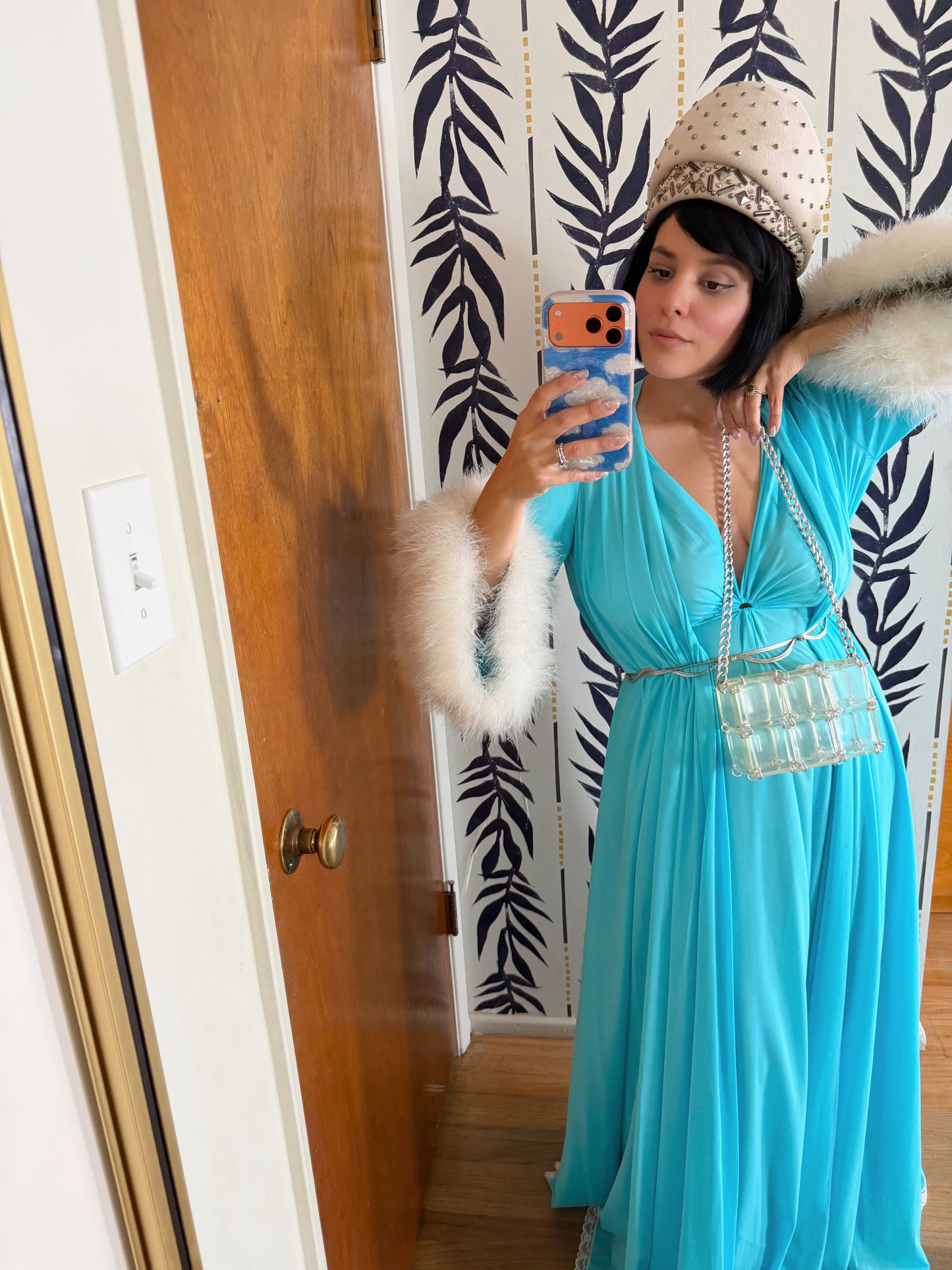 Claire Sanders by Lucie Ann Beverly Hills Blue with Feathers Duster Slip Dress XS-L