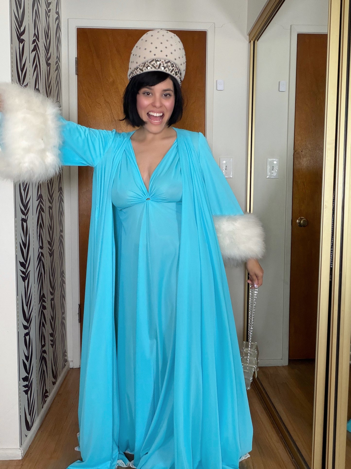 Claire Sanders by Lucie Ann Beverly Hills Blue with Feathers Duster Slip Dress XS-L