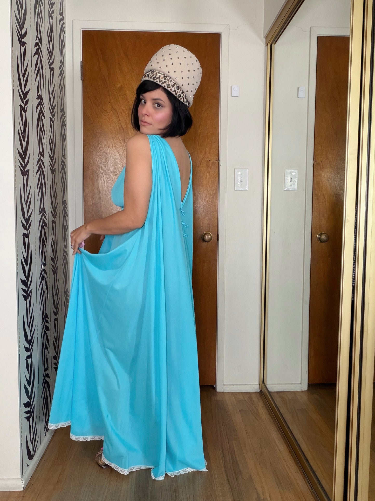 Claire Sanders by Lucie Ann Beverly Hills Blue with Feathers Duster Slip Dress XS-L