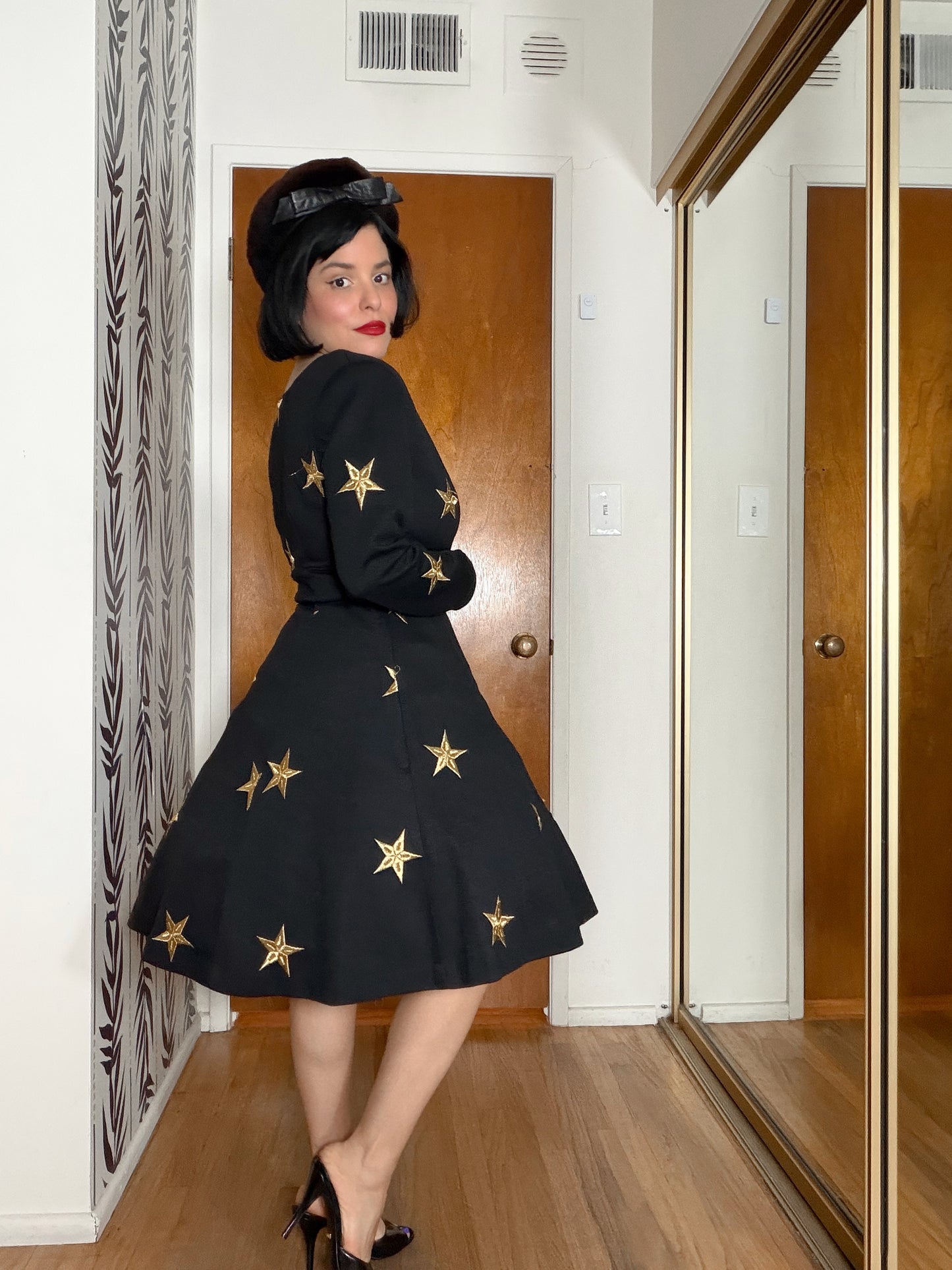 Vintage 80s Meets 50s Star Embroidered Knit Soft Dress XS-SM