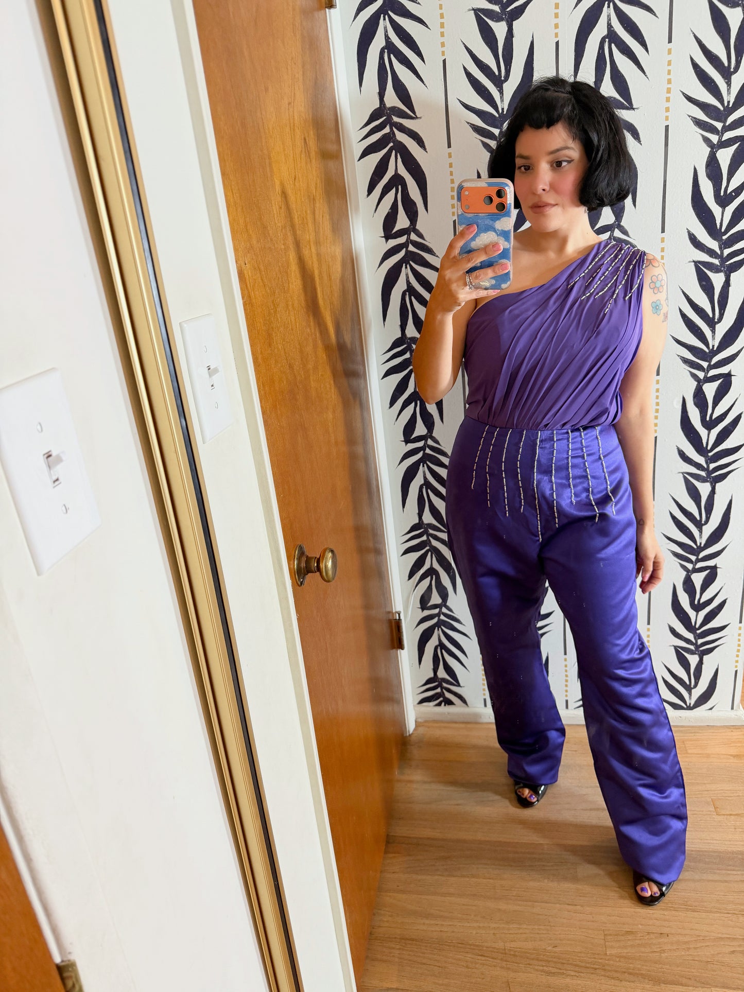 70s/ 80s One Shoulder Custom Purple w/ embellishBeading Jumpsuit with a matching Maxi Skirt Set S-M
