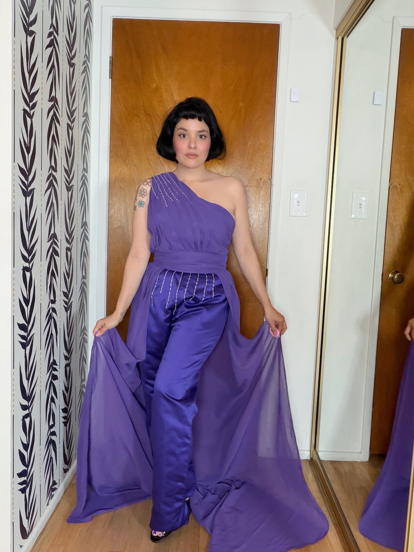 70s/ 80s One Shoulder Custom Purple w/ embellishBeading Jumpsuit with a matching Maxi Skirt Set S-M