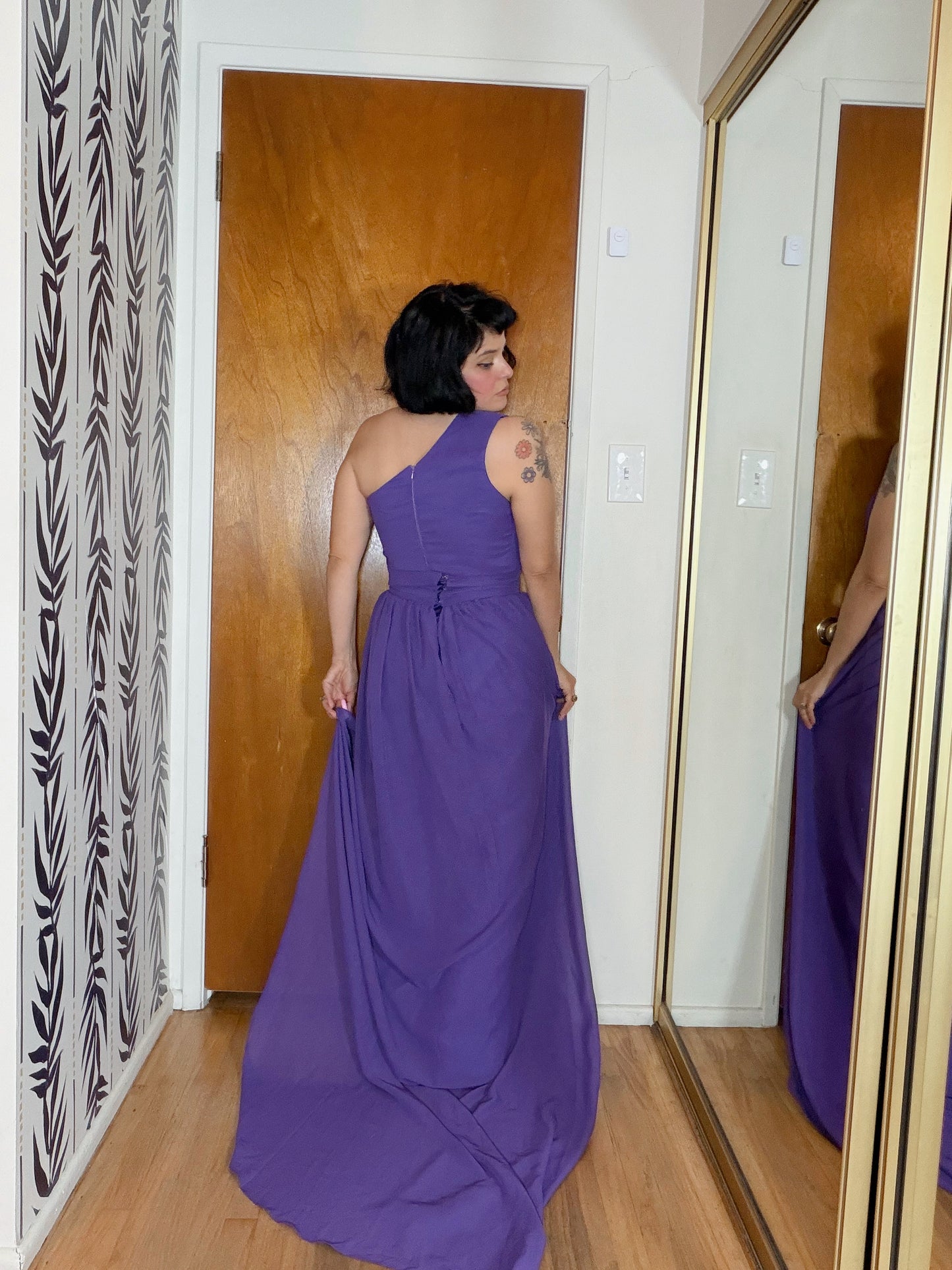 70s/ 80s One Shoulder Custom Purple w/ embellishBeading Jumpsuit with a matching Maxi Skirt Set S-M