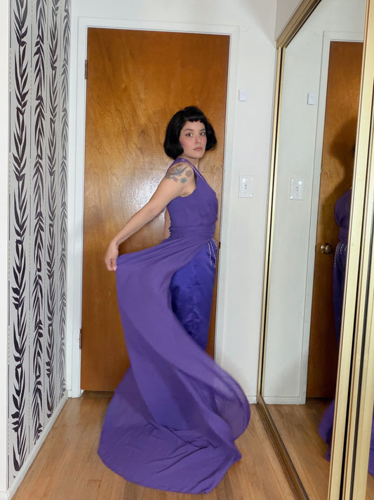 70s/ 80s One Shoulder Custom Purple w/ embellishBeading Jumpsuit with a matching Maxi Skirt Set S-M