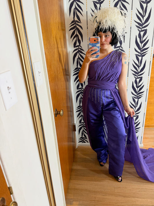 70s/ 80s One Shoulder Custom Purple w/ embellishBeading Jumpsuit with a matching Maxi Skirt Set S-M