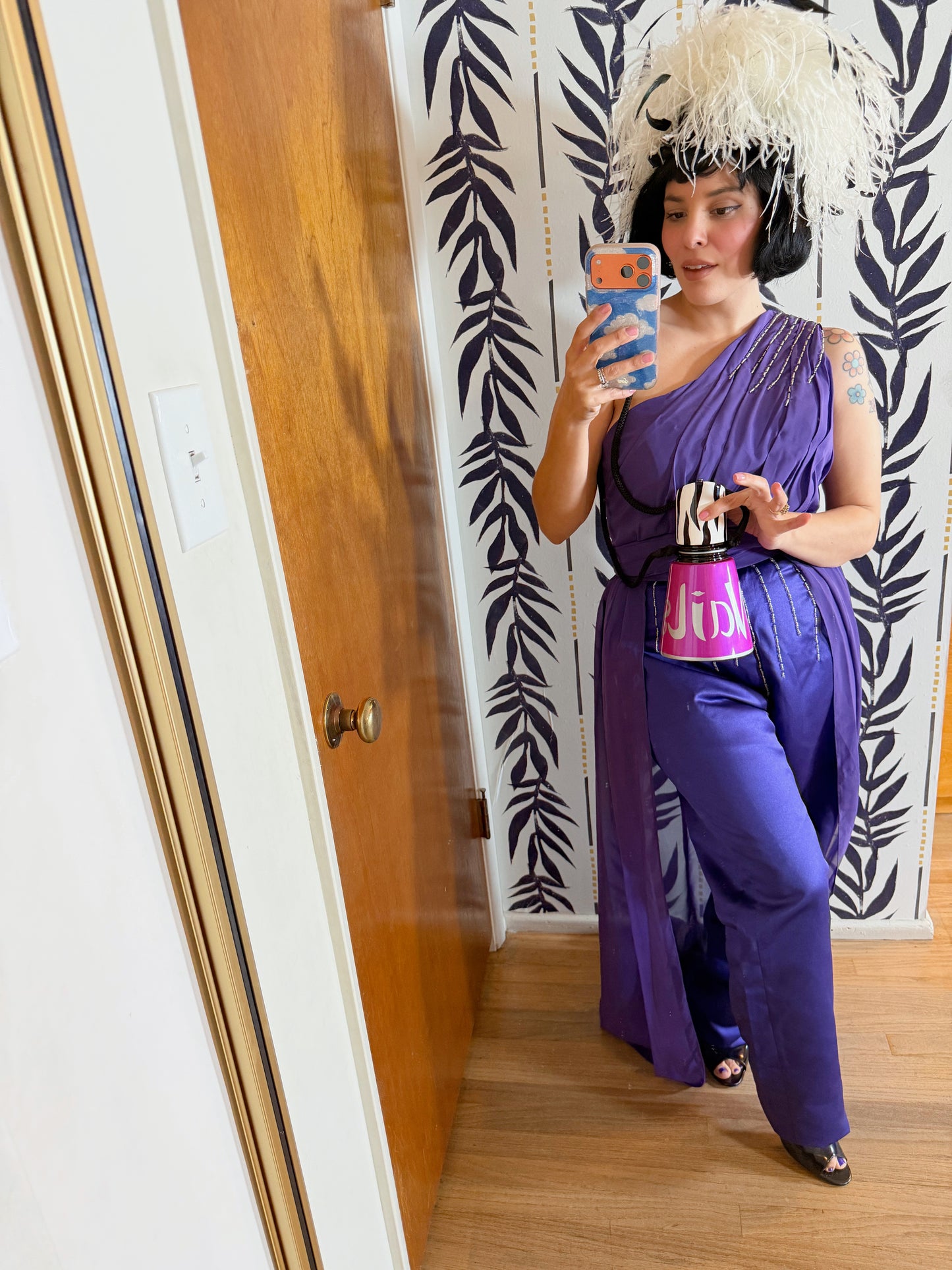 70s/ 80s One Shoulder Custom Purple w/ embellishBeading Jumpsuit with a matching Maxi Skirt Set S-M