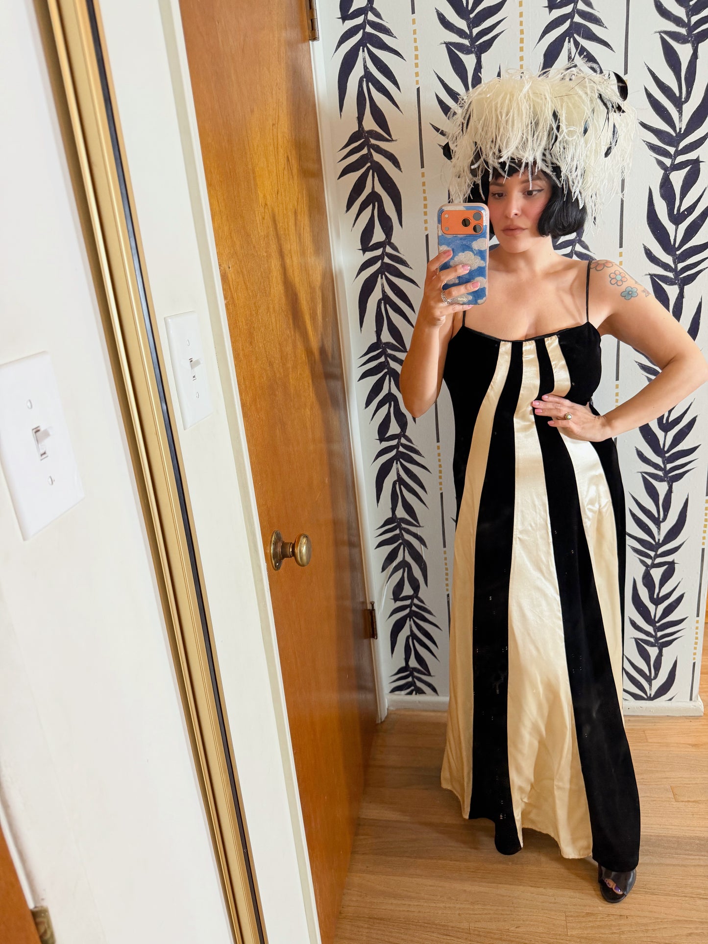 Vintage 80s/ 90s Black & White Velvet Illusion Gown Fits S-M