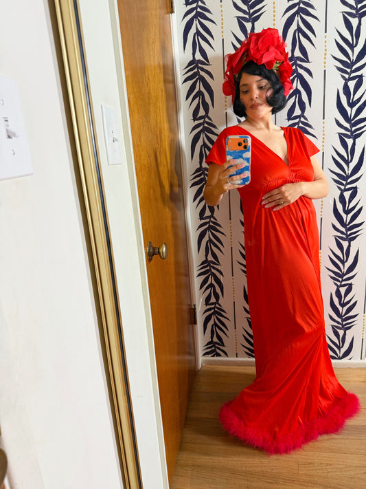 Vintage 60s / 70s Lipstick Red Maxi with Feather Trim XS-M