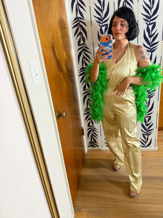 Vintage 60s / 70s Green Metallic Silver Feather Boa