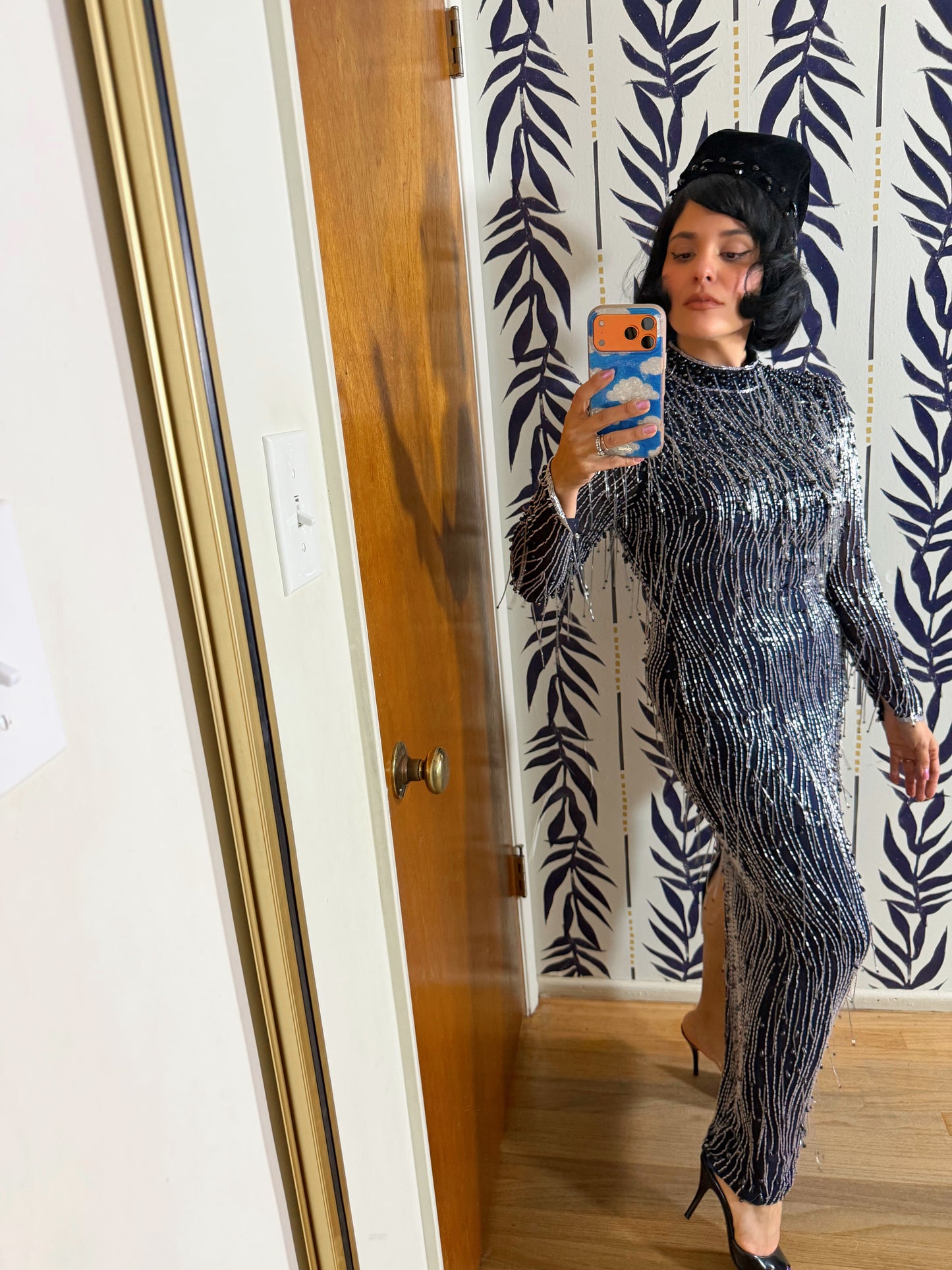 Vintage 80s Silk Beaded Navy Gown Fits XS-SM