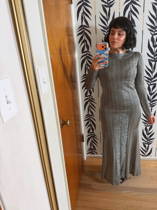 60s Silver Lurex Op Art Design Gown Fits XS-M