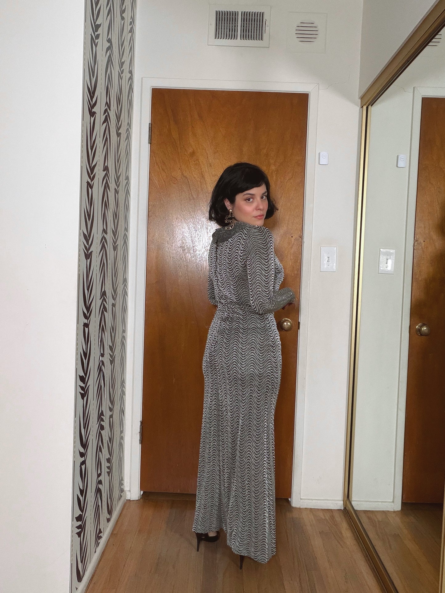 60s Silver Lurex Op Art Design Gown Fits XS-M