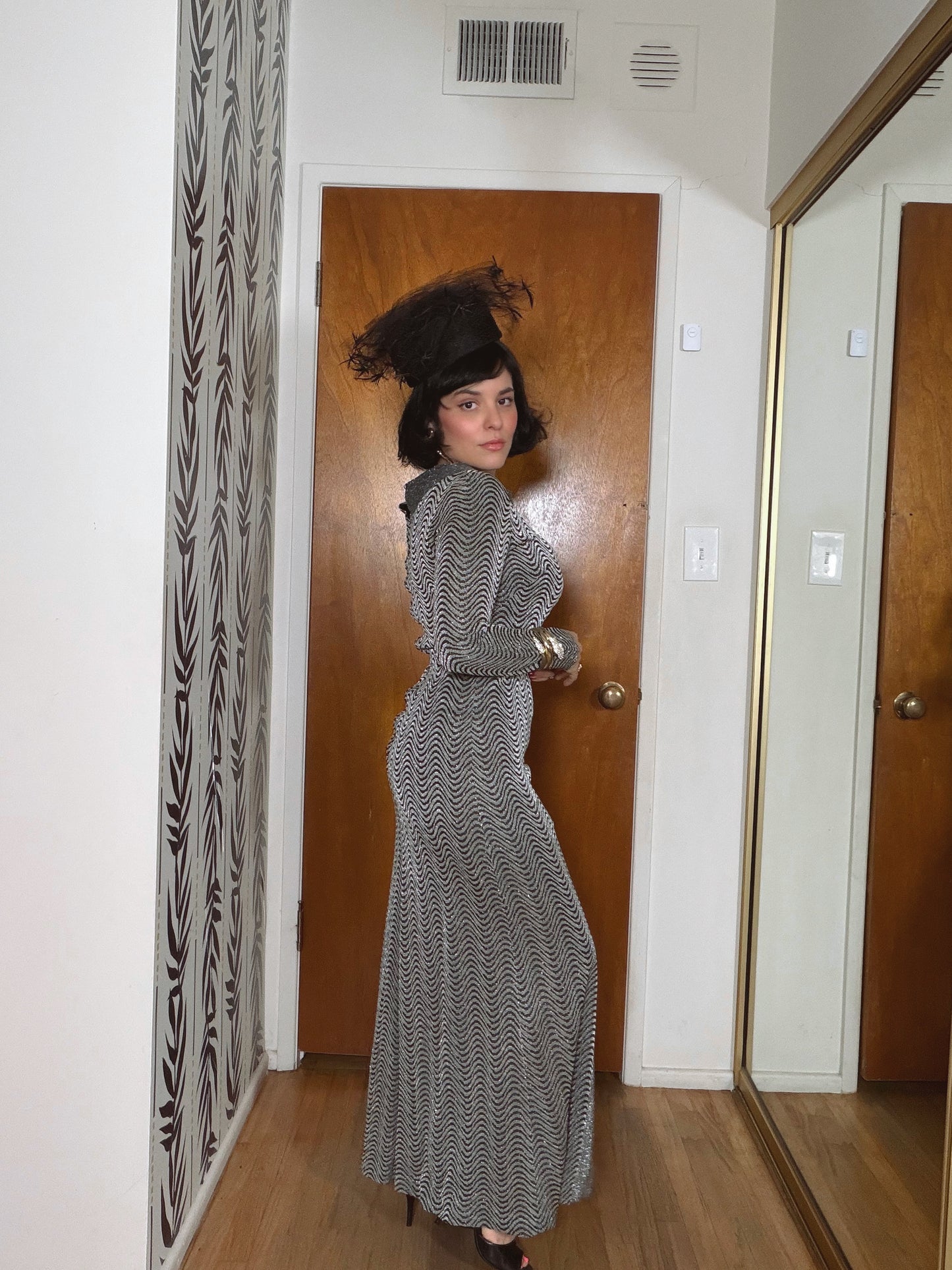 60s Silver Lurex Op Art Design Gown Fits XS-M