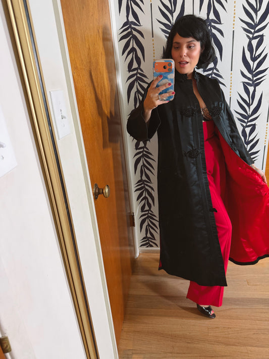 50s Dynasty Black Satin with Red Lining Coat S-L