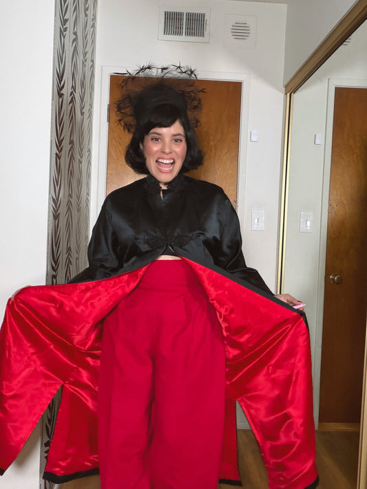 50s Dynasty Black Satin with Red Lining Coat S-L