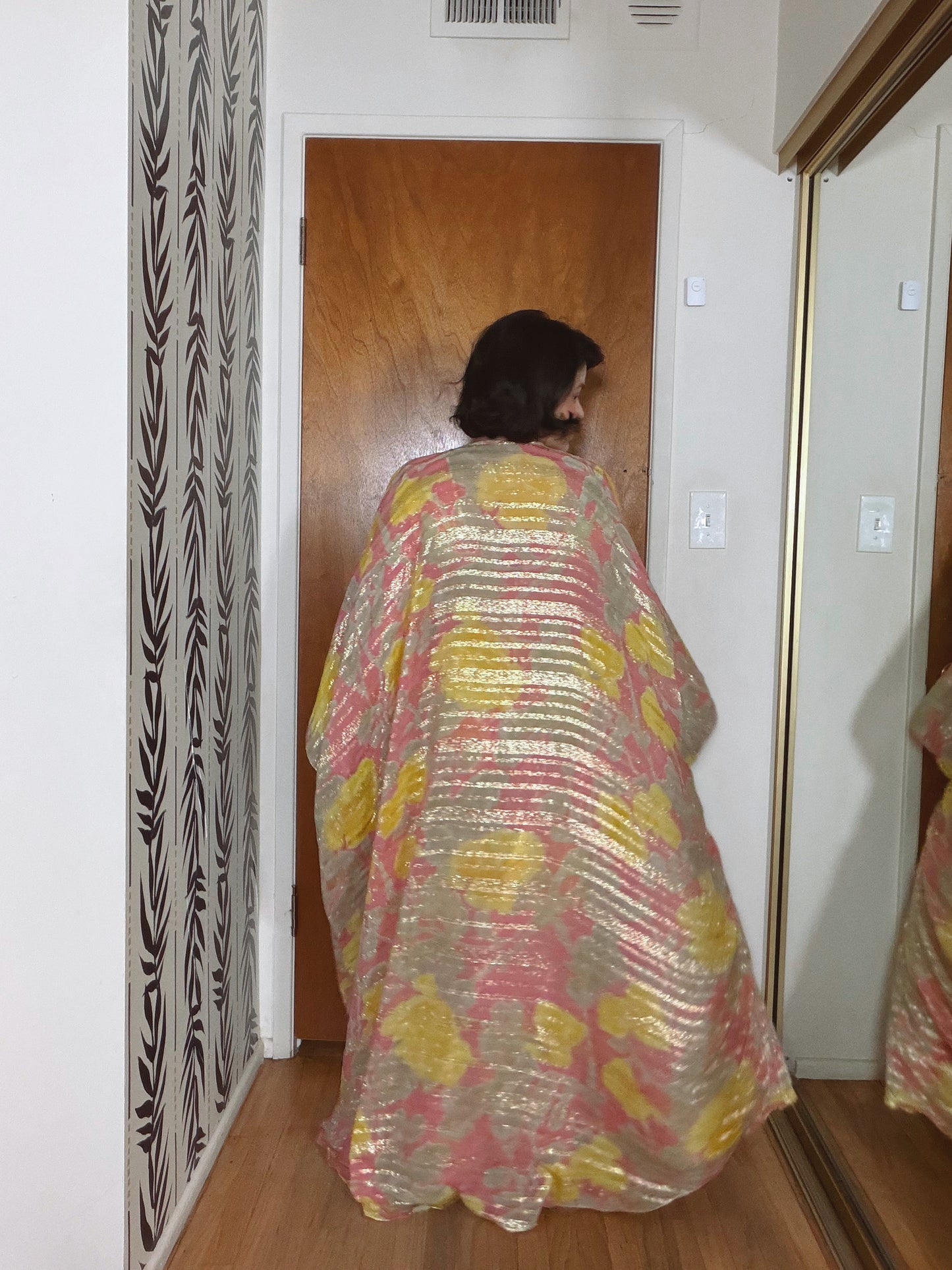 60s Abstract Floral Gold Lame Gown with Kaftan Overlay XS-M