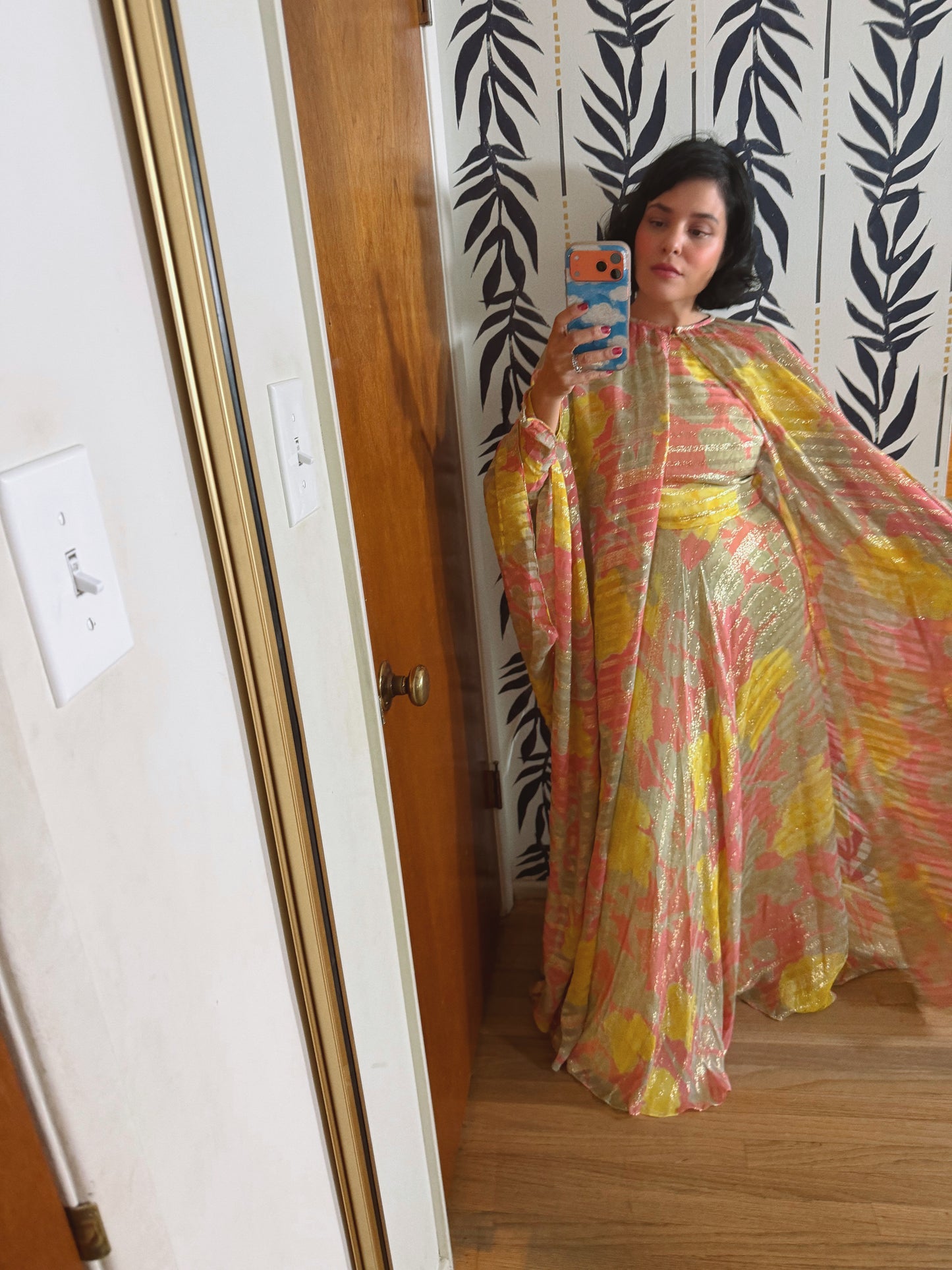 60s Abstract Floral Gold Lame Gown with Kaftan Overlay XS-M