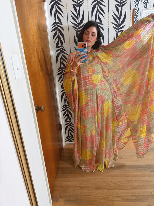 60s Abstract Floral Gold Lame Gown with Kaftan Overlay XS-M