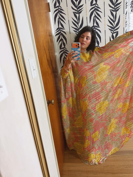 60s Abstract Floral Gold Lame Gown with Kaftan Overlay XS-M