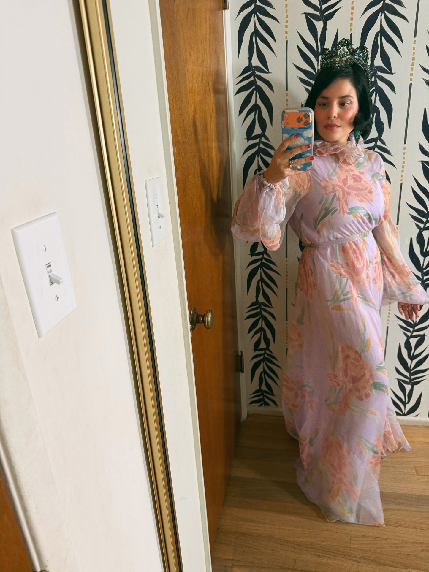 60s Anna Weatherley Silk Floral Gown with Collar Fits XS-M