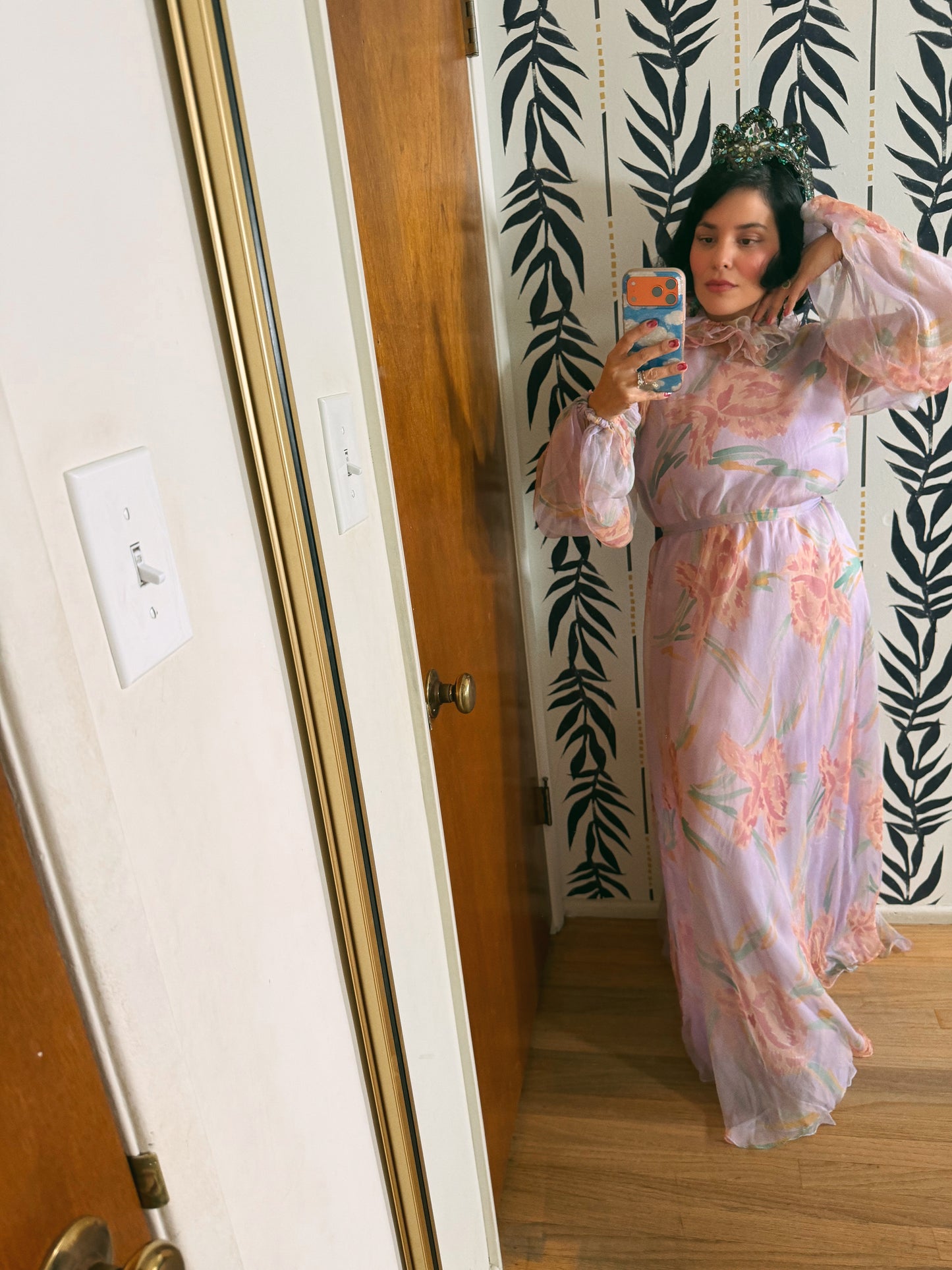 60s Anna Weatherley Silk Floral Gown with Collar Fits XS-M