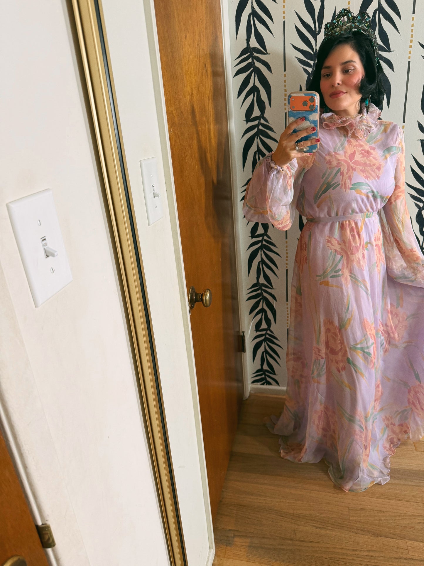 60s Anna Weatherley Silk Floral Gown with Collar Fits XS-M