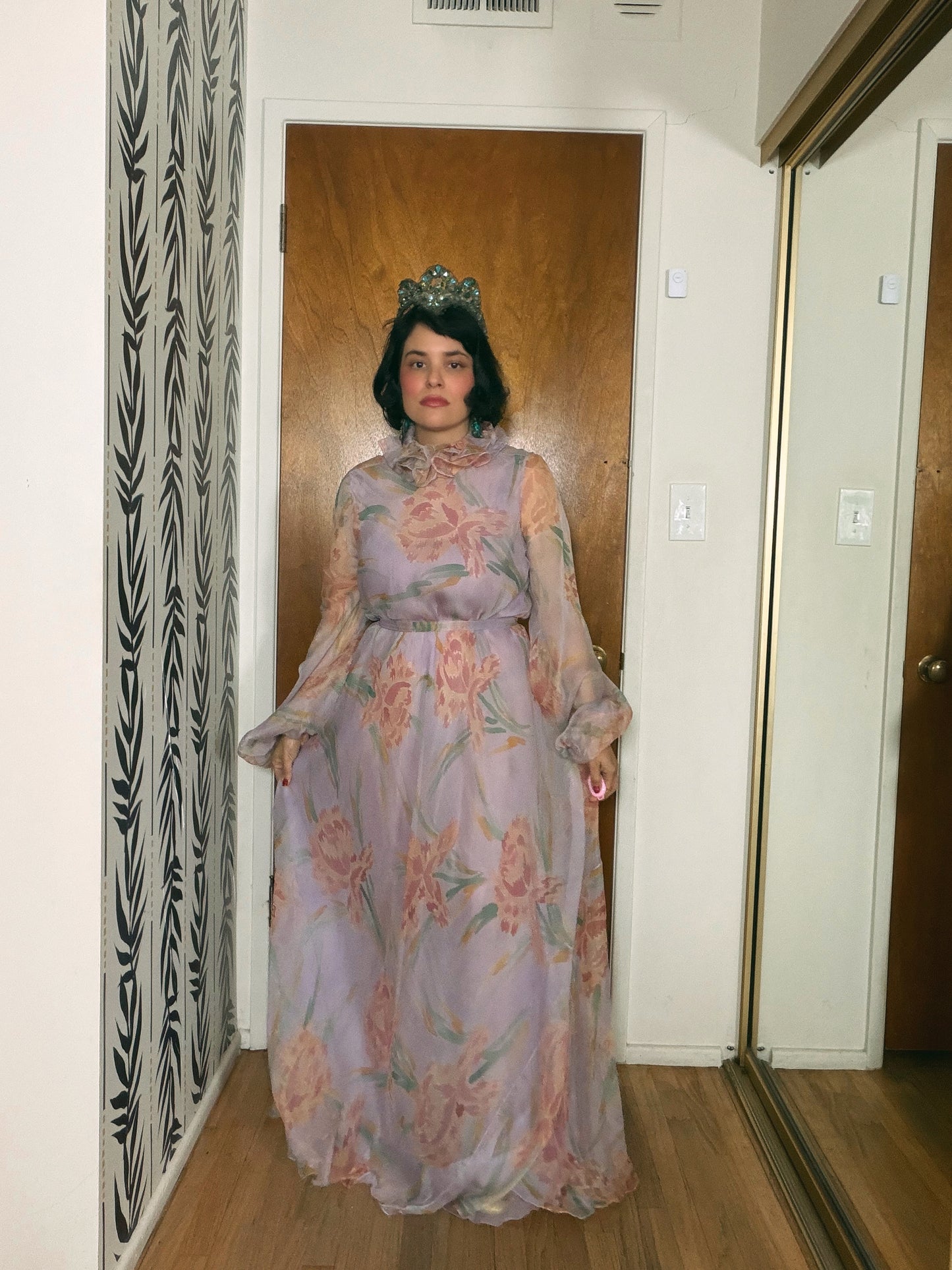 60s Anna Weatherley Silk Floral Gown with Collar Fits XS-M