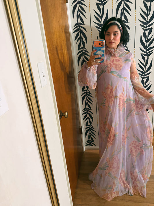 60s Anna Weatherley Silk Floral Gown with Collar Fits XS-M