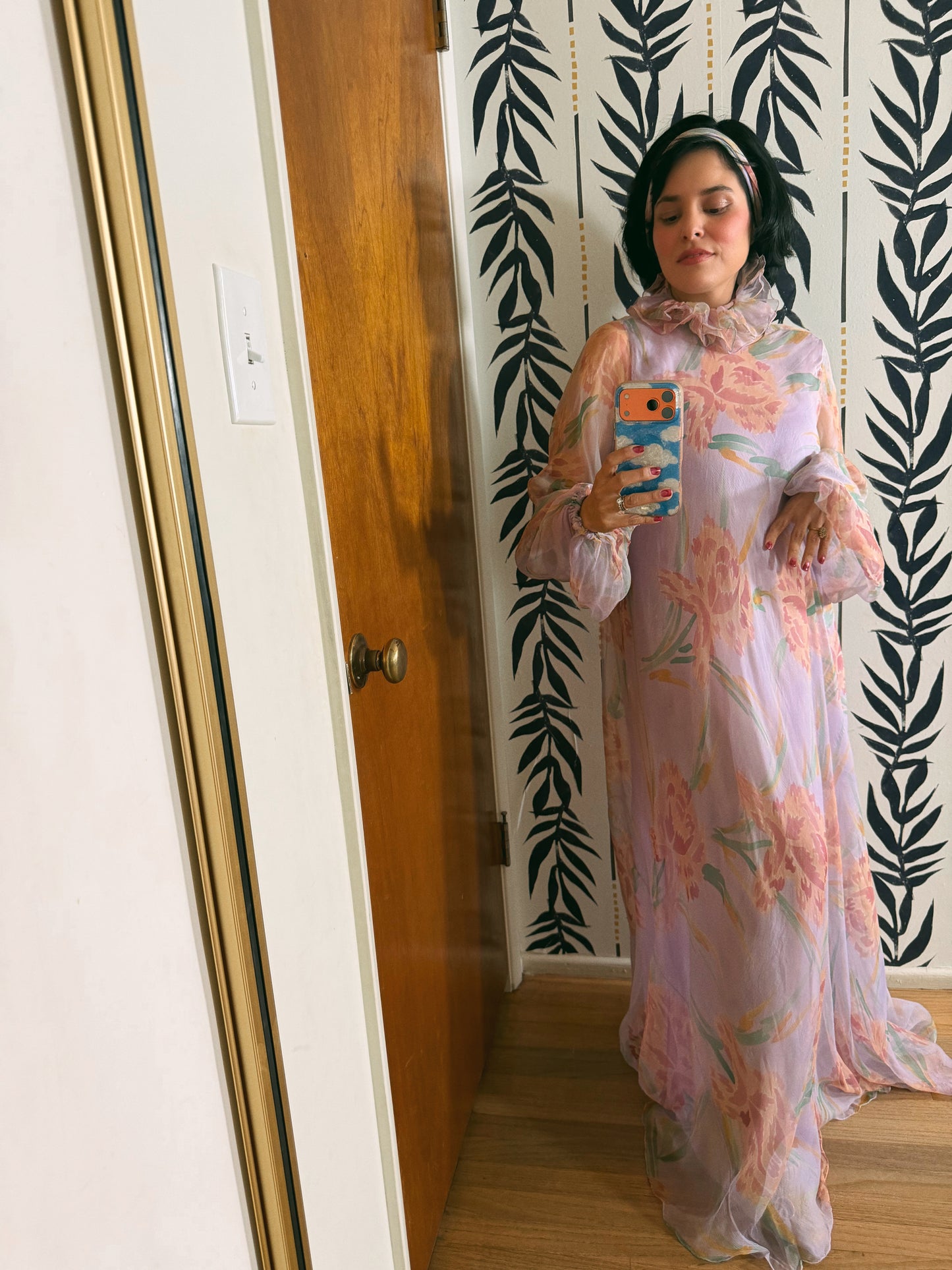 60s Anna Weatherley Silk Floral Gown with Collar Fits XS-M