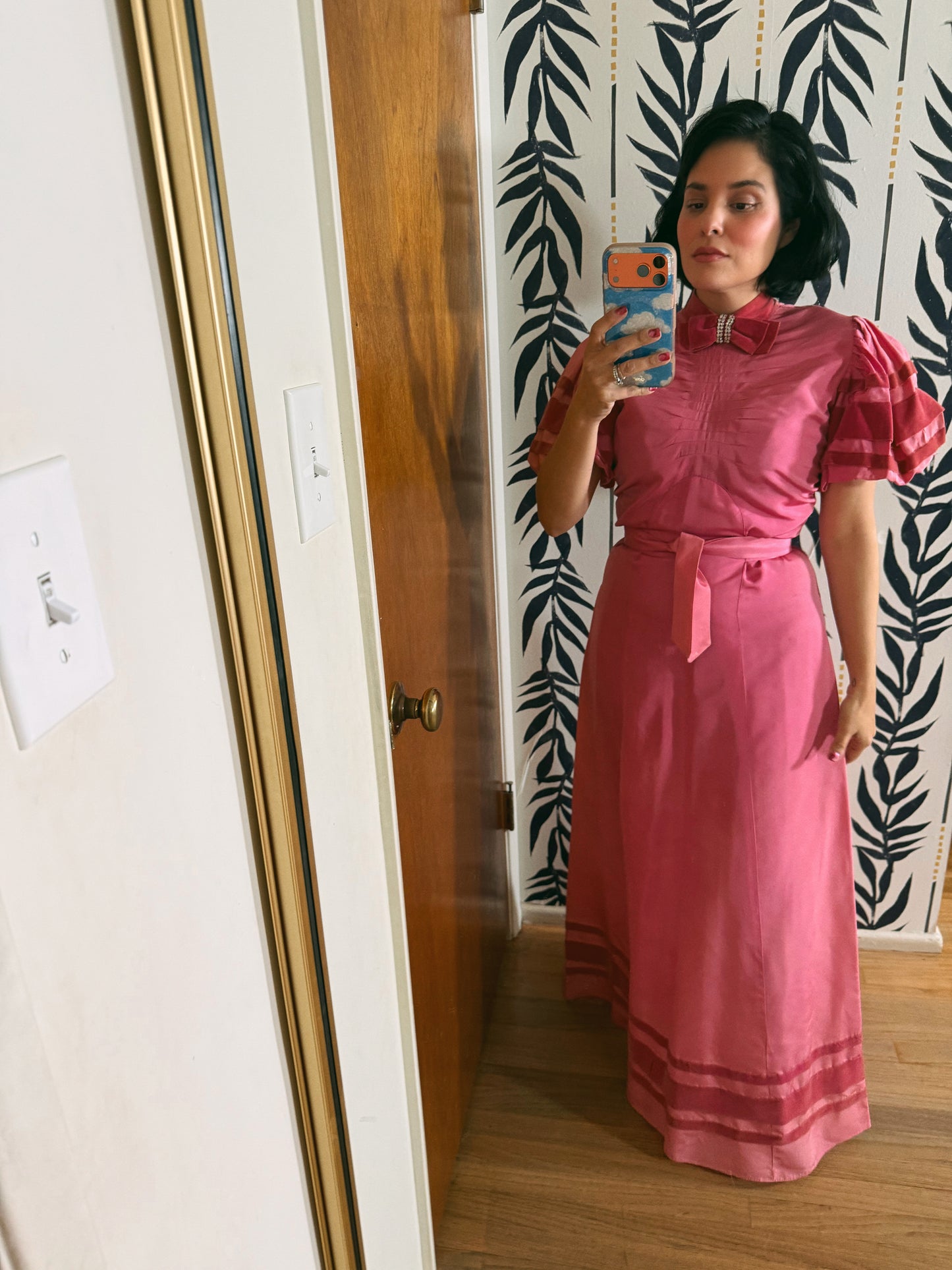40s Vintage Rose Pink Satin Gown with Velvet Trim Fits XS-SM