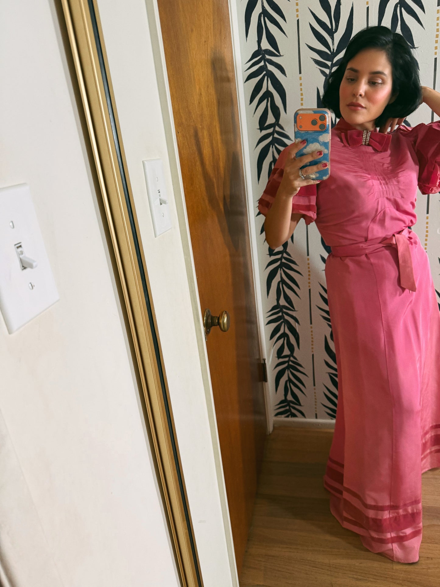40s Vintage Rose Pink Satin Gown with Velvet Trim Fits XS-SM