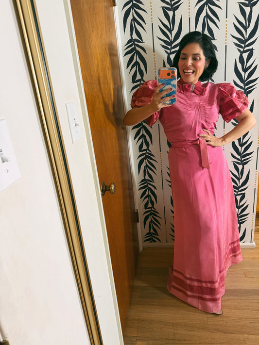 40s Vintage Rose Pink Satin Gown with Velvet Trim Fits XS-SM