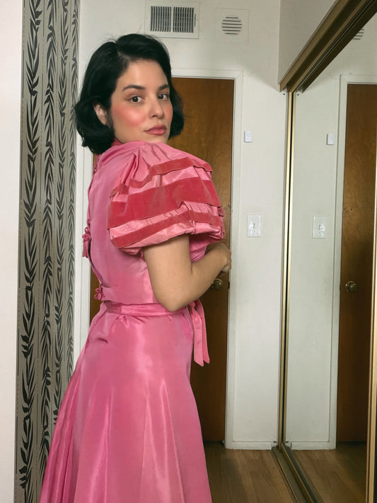 40s Vintage Rose Pink Satin Gown with Velvet Trim Fits XS-SM